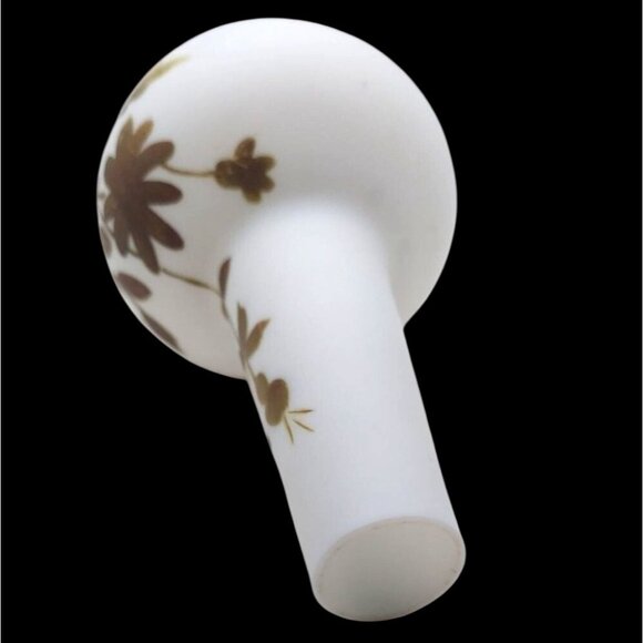 Vintage White Satin Opaline Hand Blown Glass Vase Painted Gold Floral Design - Picture 5 of 7